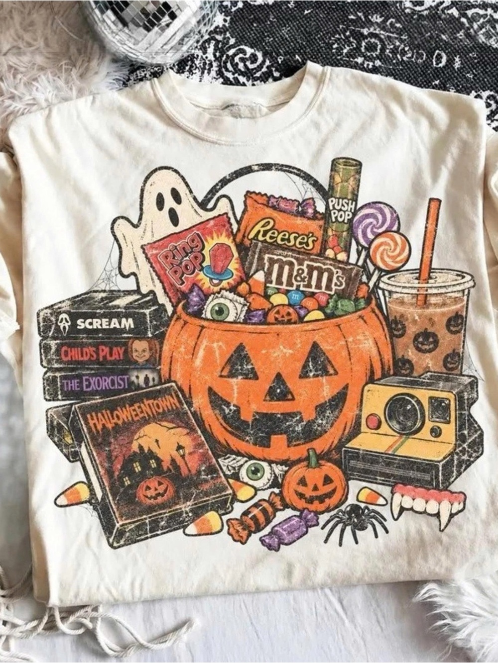 Gildan White Halloween Pumpkin Candy Graphic Tee